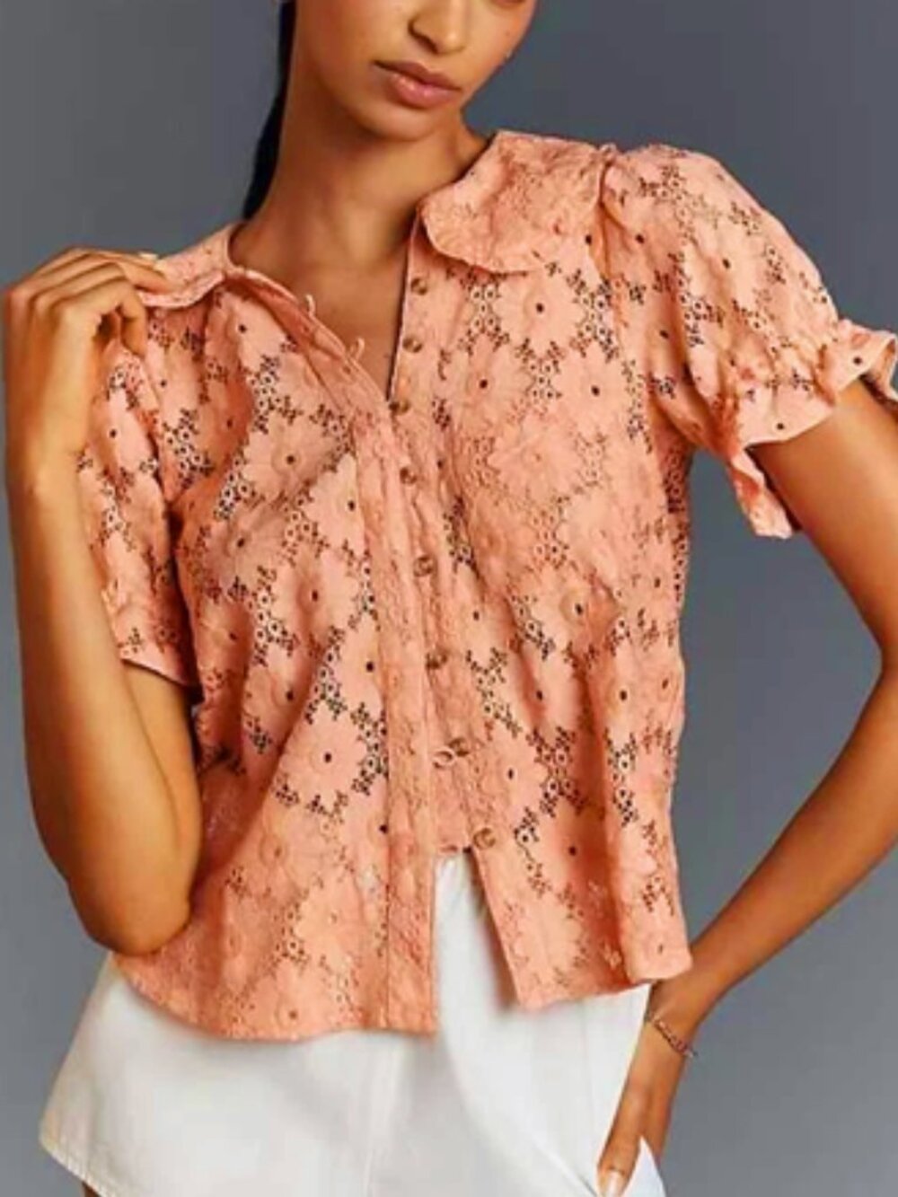 Anthropologie Pilcro Keira Lace Peter Pan Collar Blouse Coral Pink Peach XL